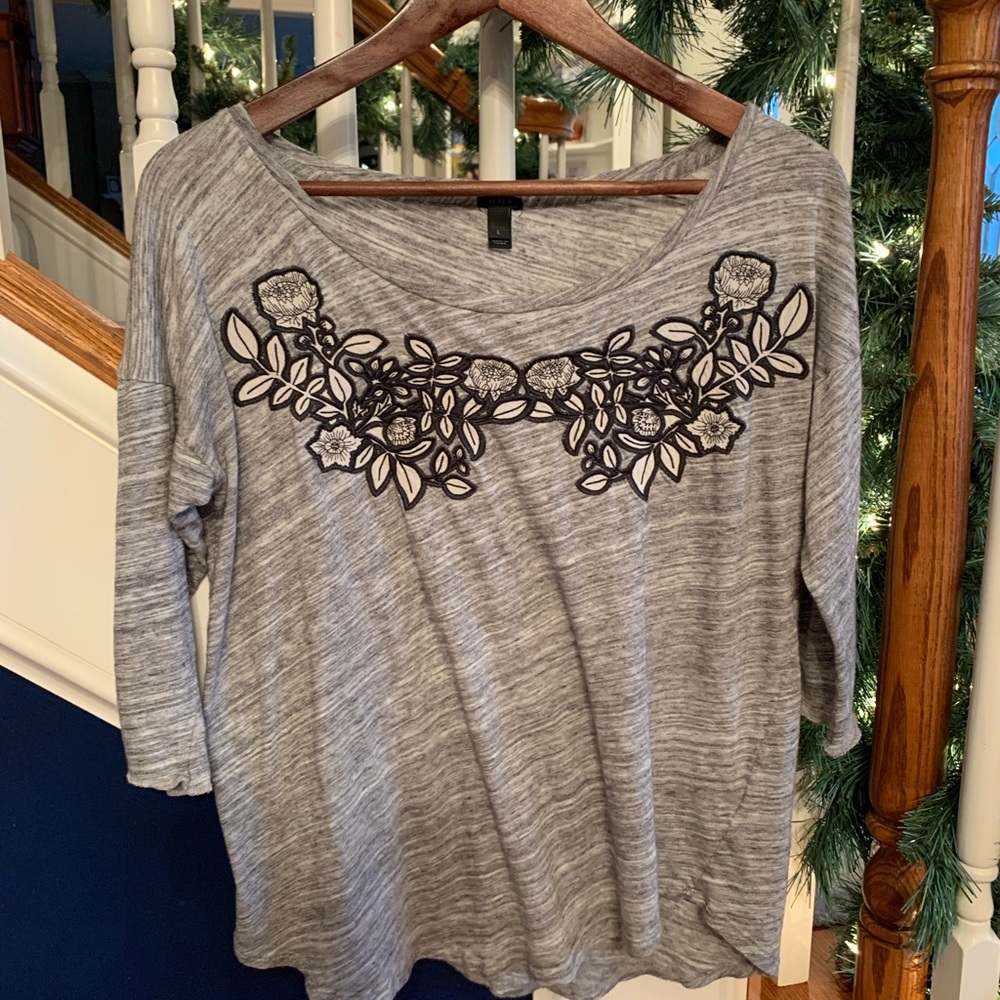 J Crew Womens Large Shirt Gray Embroidered Flower